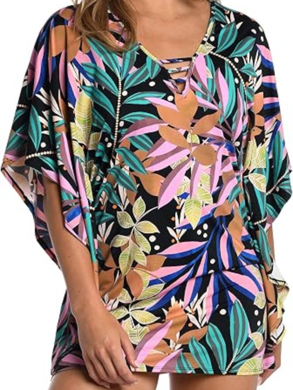 New AMAVI Tropical Swimsuit Cover Up Hidden Jungle V-Neck Tunic Women's Size M